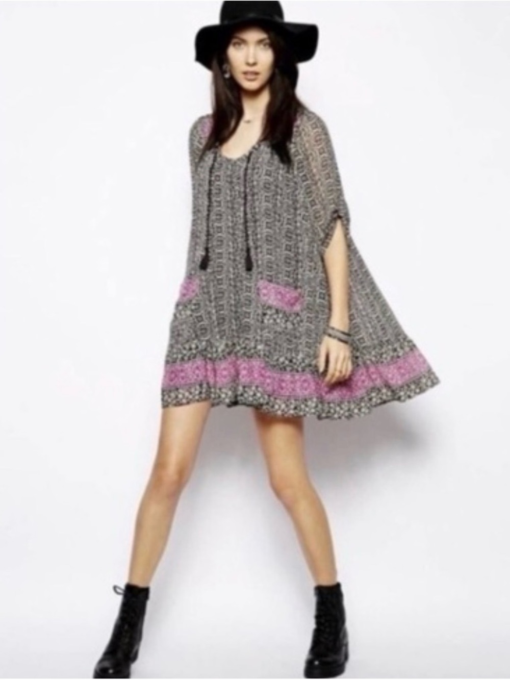 Free People Penny Lane Dress Black Combo, Chiffon, Flowy Swing, Pockets SEE MEAS